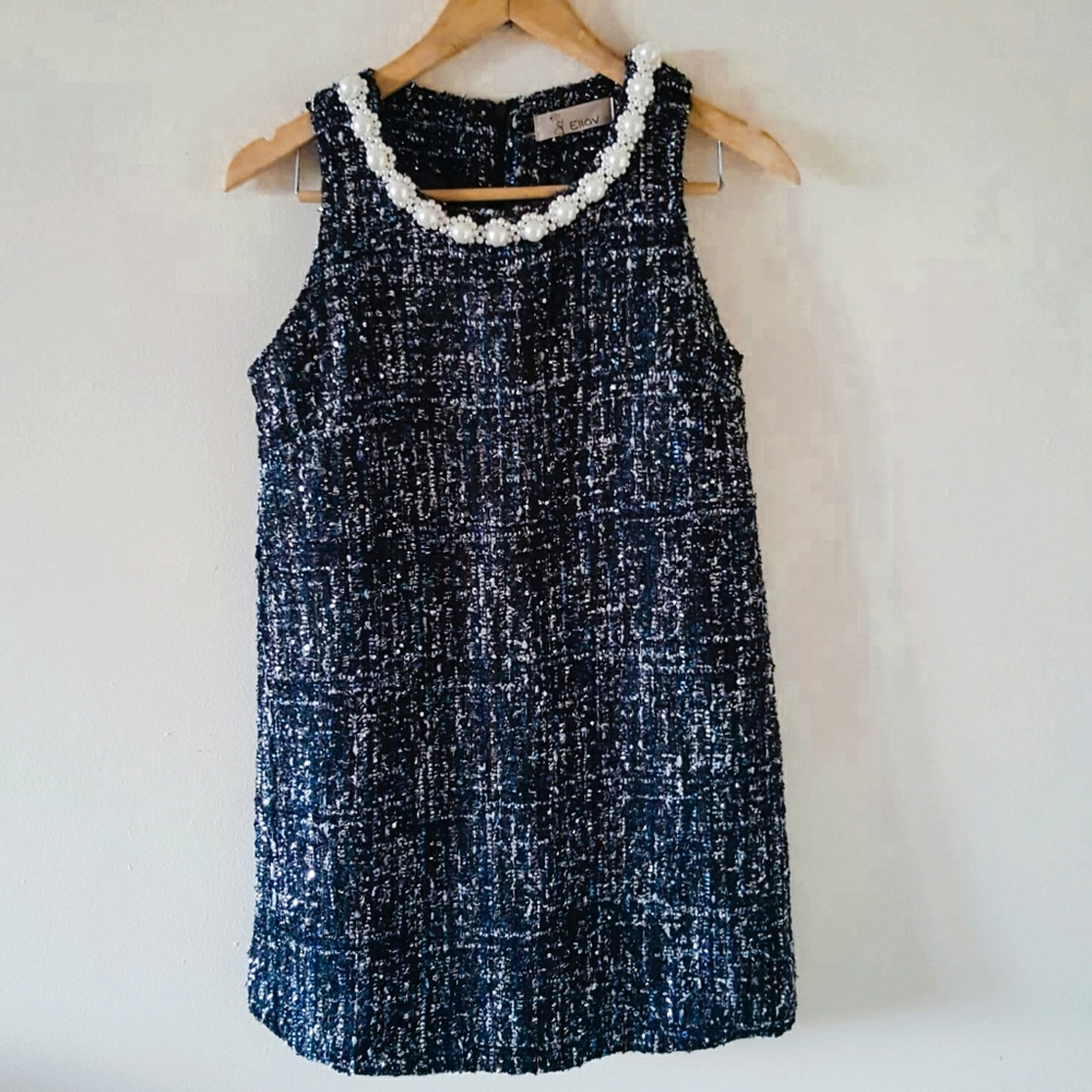 Pearl Collar Embroidered Threads Mini Sheath Dress